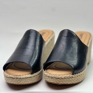 Born Womens  Lilah Black Full Grain Leather Espadrille Wedge Sandals, Size 10 M